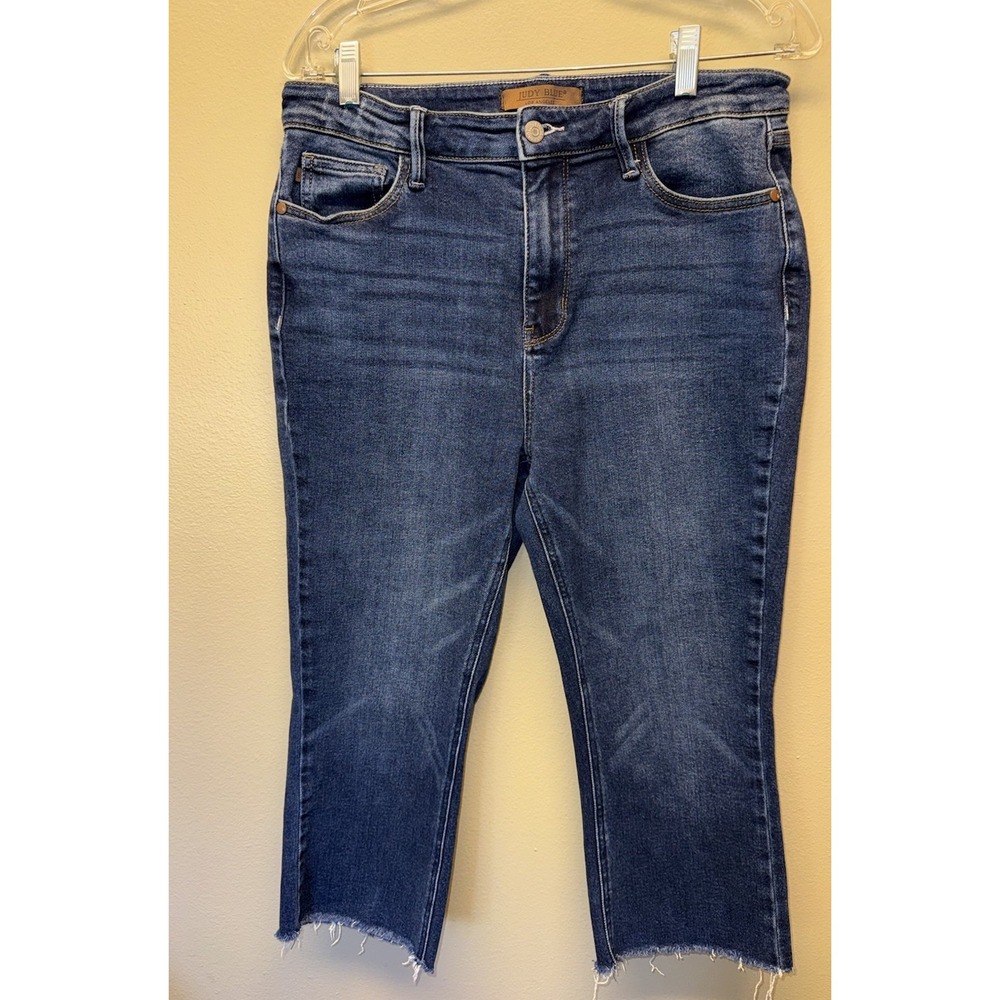 Judy Blue Kick Flare Raw Hem Jeans 13/31 Medium Blue Distressed Stretch